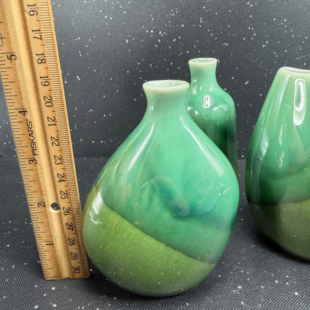 IKEA 3 Piece Bud Vase Set Green Two Tone Glazed Ceramic Organic Shape 4.5 Inch